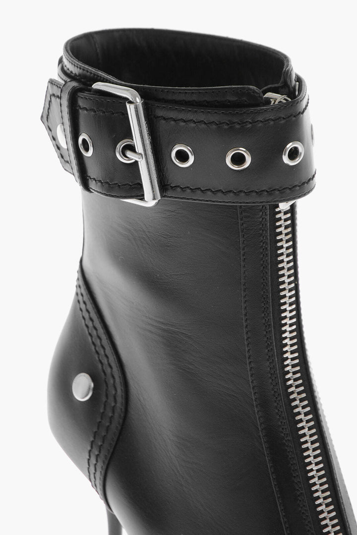 Alexander McQueen Leather Zip-Up Booties with Buckled Strap 9cm