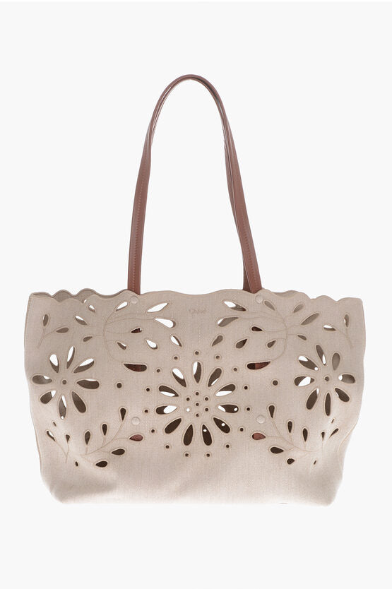 Chloe Linen Shoulder Bag With Cutouts And Leather Handles