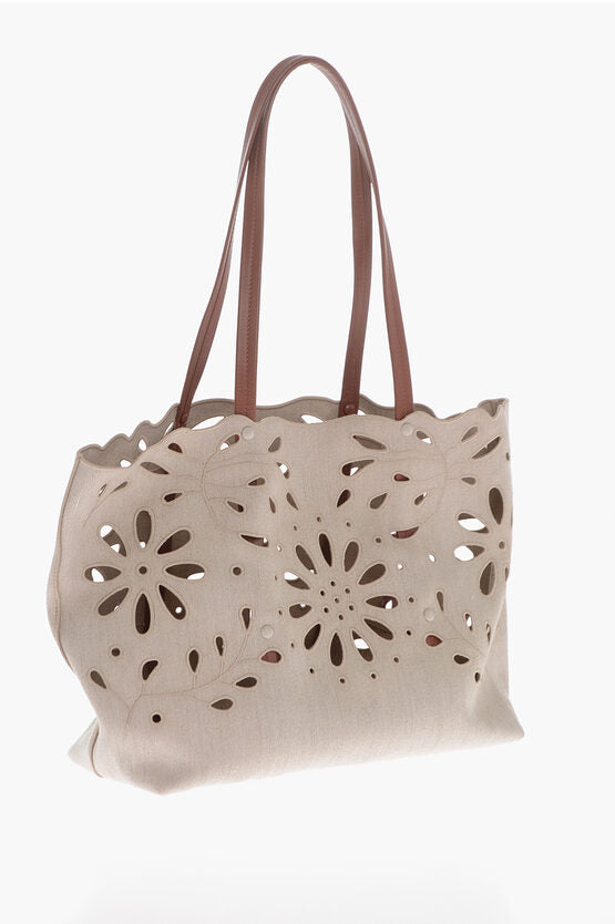 Chloe Linen Shoulder Bag With Cutouts And Leather Handles