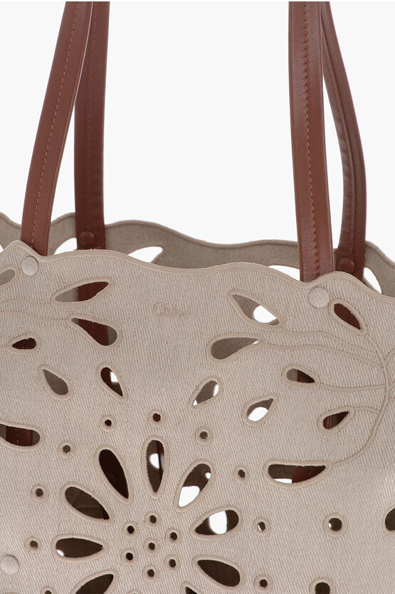 Chloe Linen Shoulder Bag With Cutouts And Leather Handles