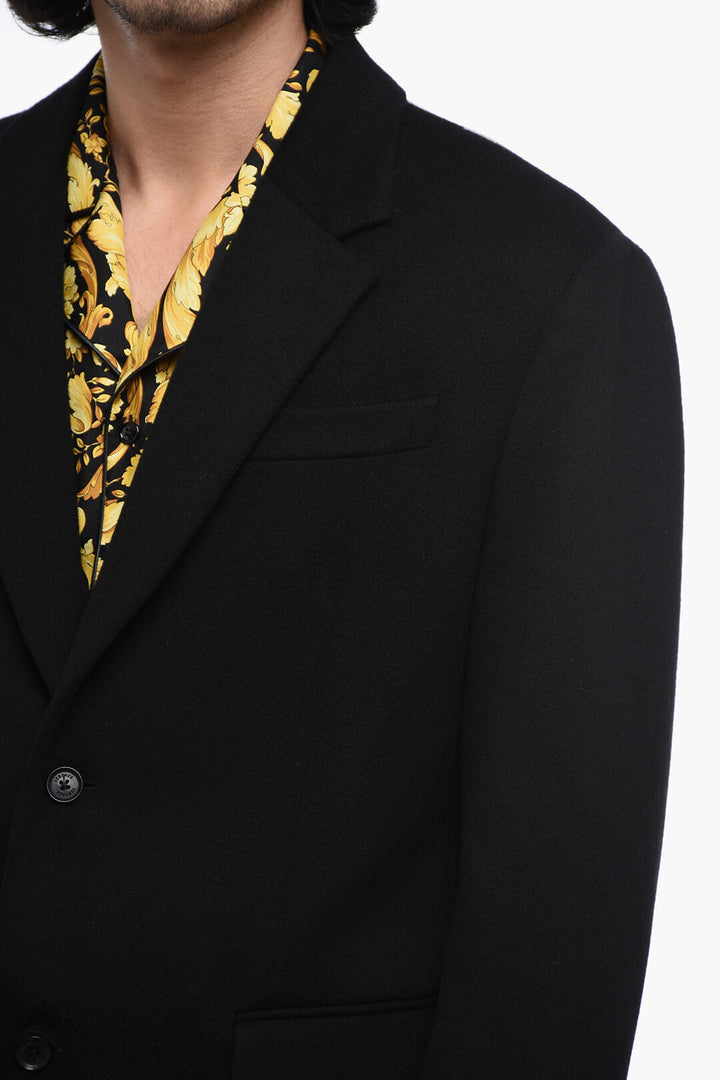 Versace Logoed Virgin Wool Coat with Notch Lapel