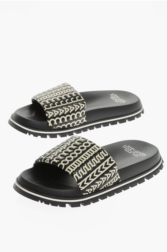 Shoes - Marc Jacobs Leather Slides with All - Over Logo - 196611008990 - Ask Me Wear