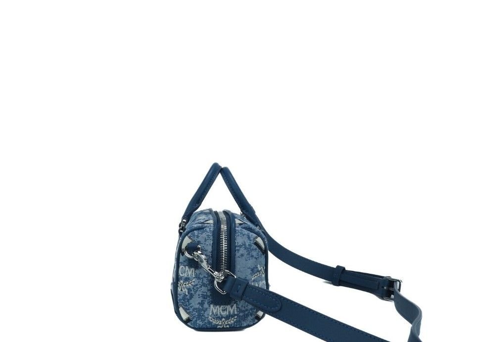  - MCM Boston Mini Blue Vintage Jacquard Logo Fabric Satchel Crossbody Handbag - 36573 - Ask Me Wear