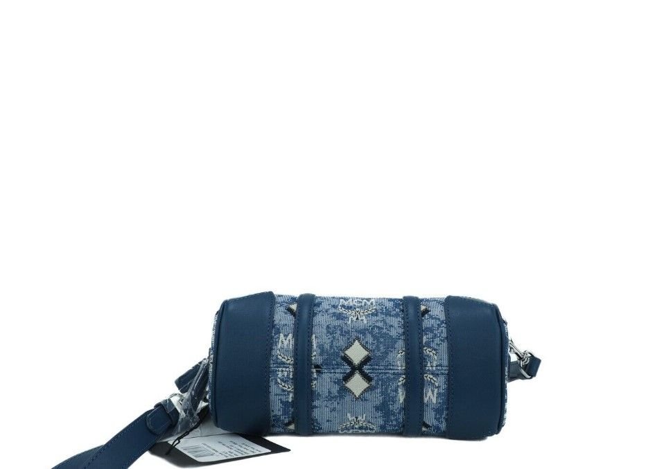  - MCM Boston Mini Blue Vintage Jacquard Logo Fabric Satchel Crossbody Handbag - 36573 - Ask Me Wear