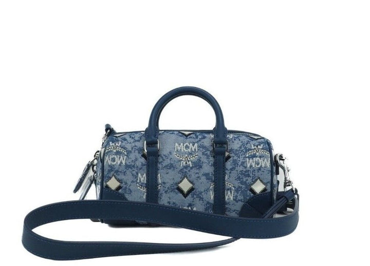  - MCM Boston Mini Blue Vintage Jacquard Logo Fabric Satchel Crossbody Handbag - 36573 - Ask Me Wear