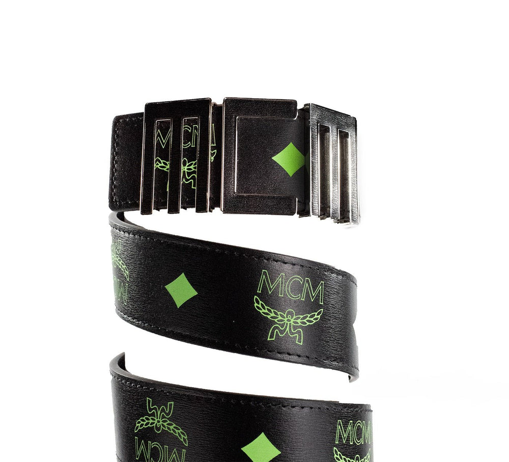  - MCM Claus Mens Summer Green Smooth Visetos Logo Leather Numeric Buckle Belt - 46480 - Ask Me Wear