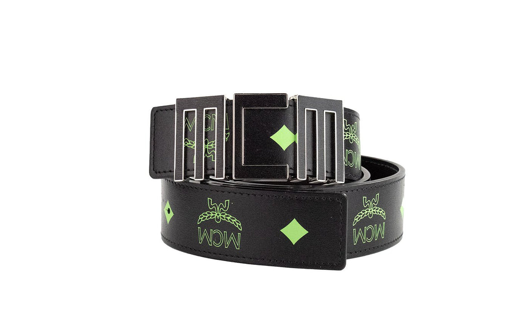  - MCM Claus Mens Summer Green Smooth Visetos Logo Leather Numeric Buckle Belt - 46480 - Ask Me Wear