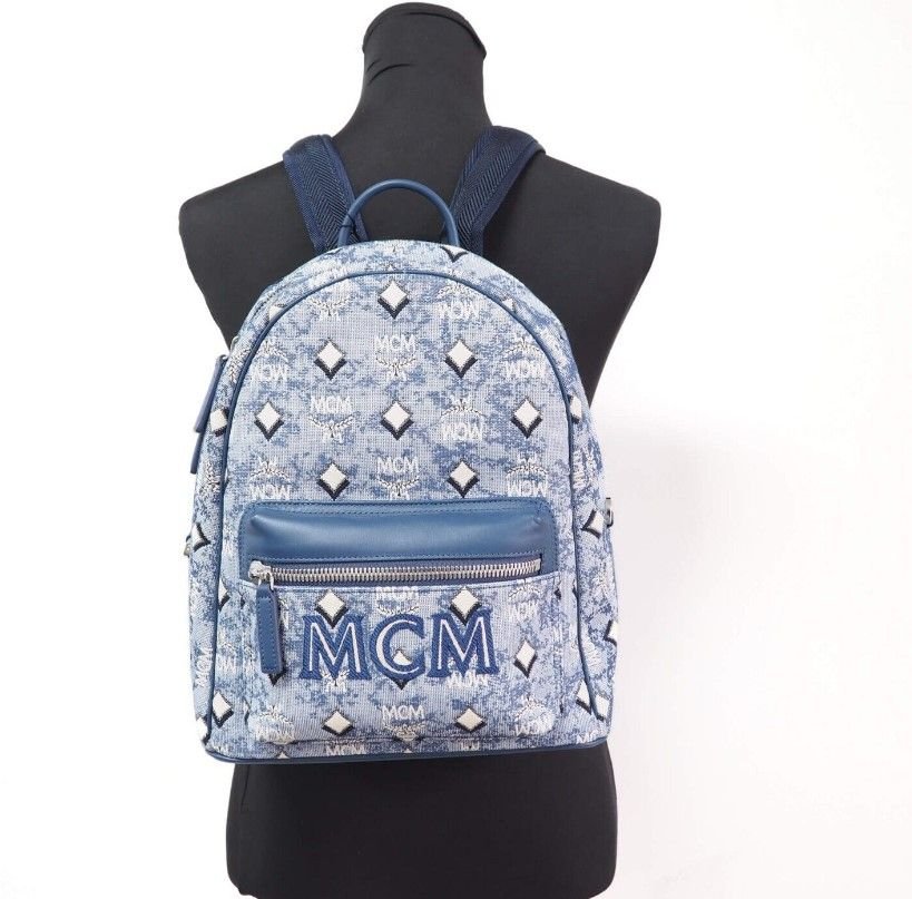  - MCM Stark Small Blue Vintage Jacquard Monogram Logo Fabric Backpack Bookbag - 36474 - Ask Me Wear