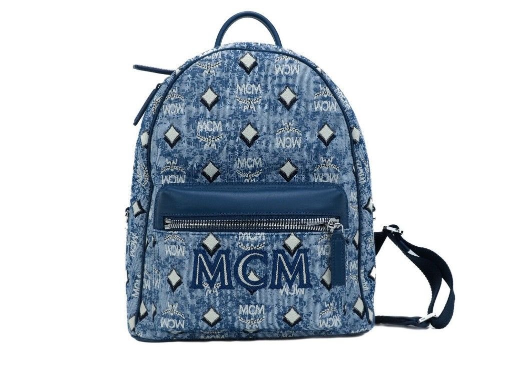  - MCM Stark Small Blue Vintage Jacquard Monogram Logo Fabric Backpack Bookbag - 36474 - Ask Me Wear