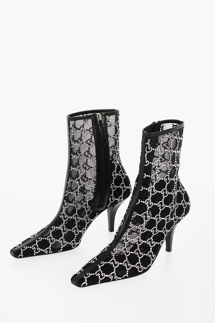 Gucci Mesh Ankle Boots with All-Over Rhinestone Monogram 8,5cm