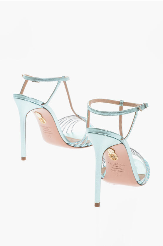 Aquazzura Metallic Leather AMORE MIO Ankle-Strap Sandals with Rhinesto