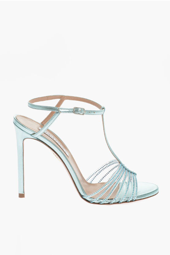 Aquazzura Metallic Leather AMORE MIO Ankle-Strap Sandals with Rhinesto