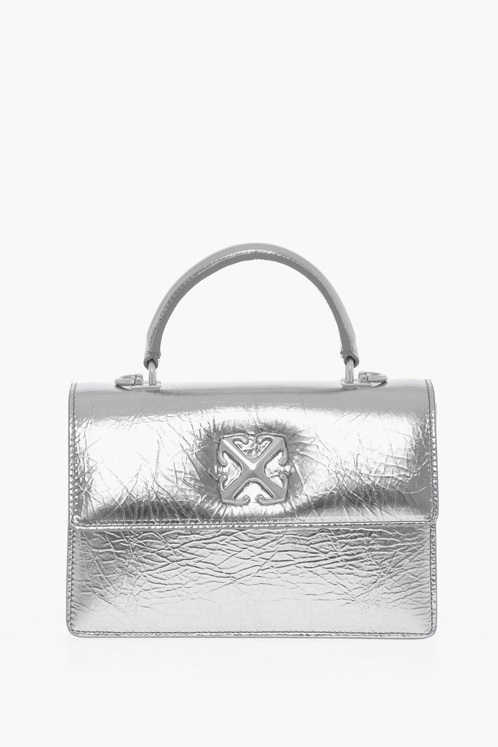 Off-White Metallic Leather Handbag with Removable Shoulder Strap