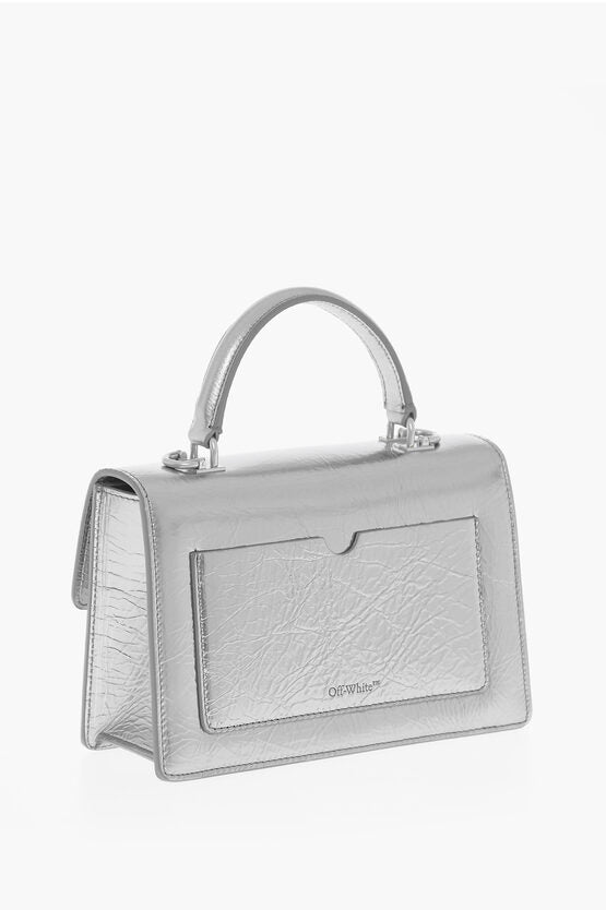 Off-White Metallic Leather Handbag with Removable Shoulder Strap