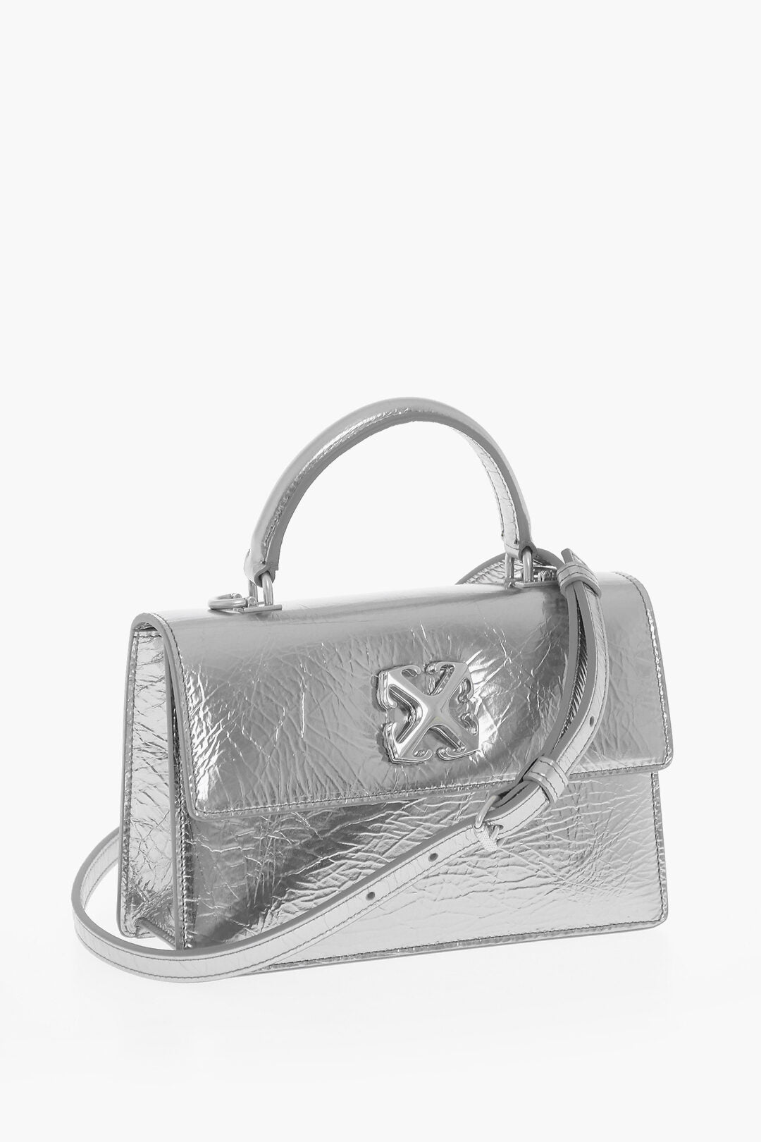 Off-White Metallic Leather Handbag with Removable Shoulder Strap