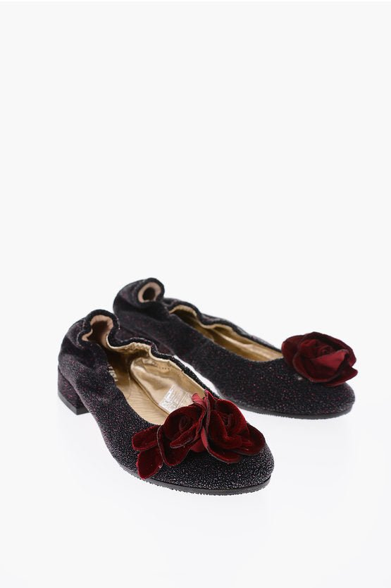 Shoes - Monnalisa glitter leather ballet flats with roses detail - 8032871000300 - Ask Me Wear