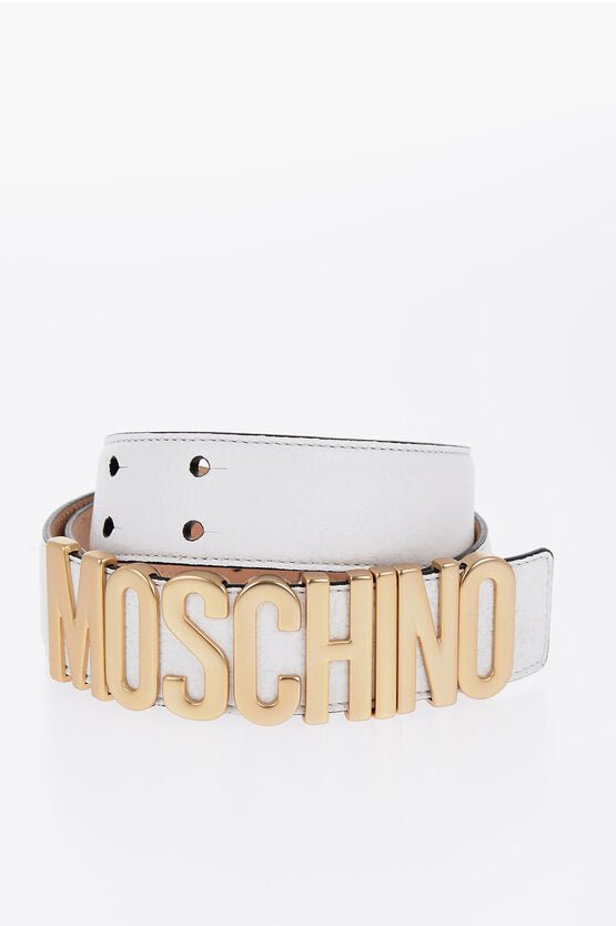 Accessories - Belts - Moschino COUTURE! Textured Leather Belt With Golden Logo 35mm - 657536955498 - Ask Me Wear