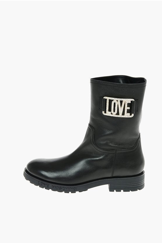 Shoes - Moschino LOVE Leather Ankle Boots with Rhinestone Embellished Logo - 8058051593677 - Ask Me Wear