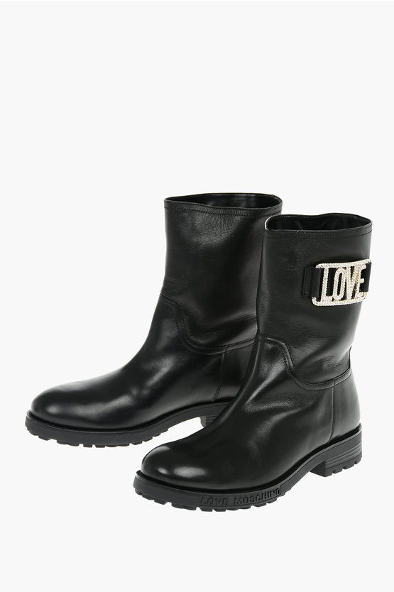 Shoes - Moschino LOVE Leather Ankle Boots with Rhinestone Embellished Logo - 8058051593677 - Ask Me Wear