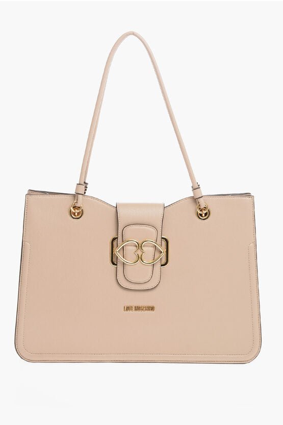 Bags - Moschino Textured Faux Leather BRIDGE Tote Bag with Heart Shaped Gold - 8050142187789 - Ask Me Wear