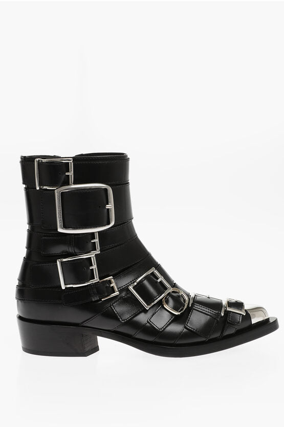 Alexander McQueen Multibuckled HARDWARE Western Booties with Metal Toe 4cm