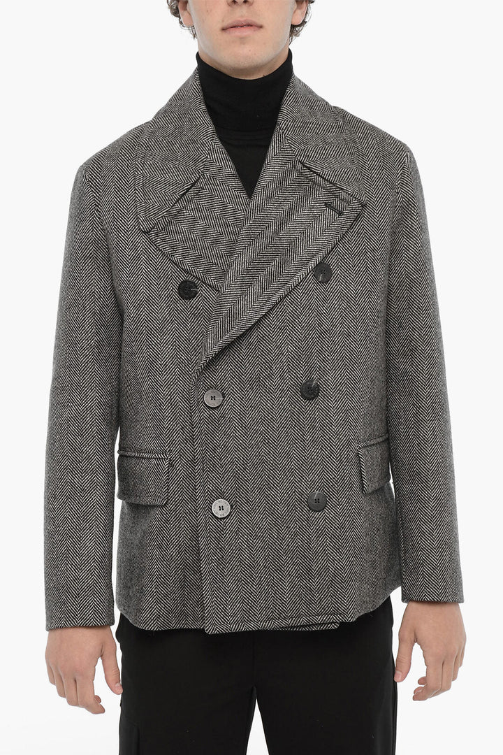 Other - Neil Barrett Herringbone Motif Virgin Wool Double Breasted Peacoat - 7417303375422 - Ask Me Wear