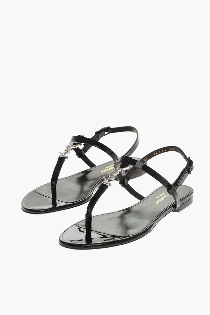 Saint Laurent Patent Leather CASSANDRA Thong Sandals with Jeweled Logo