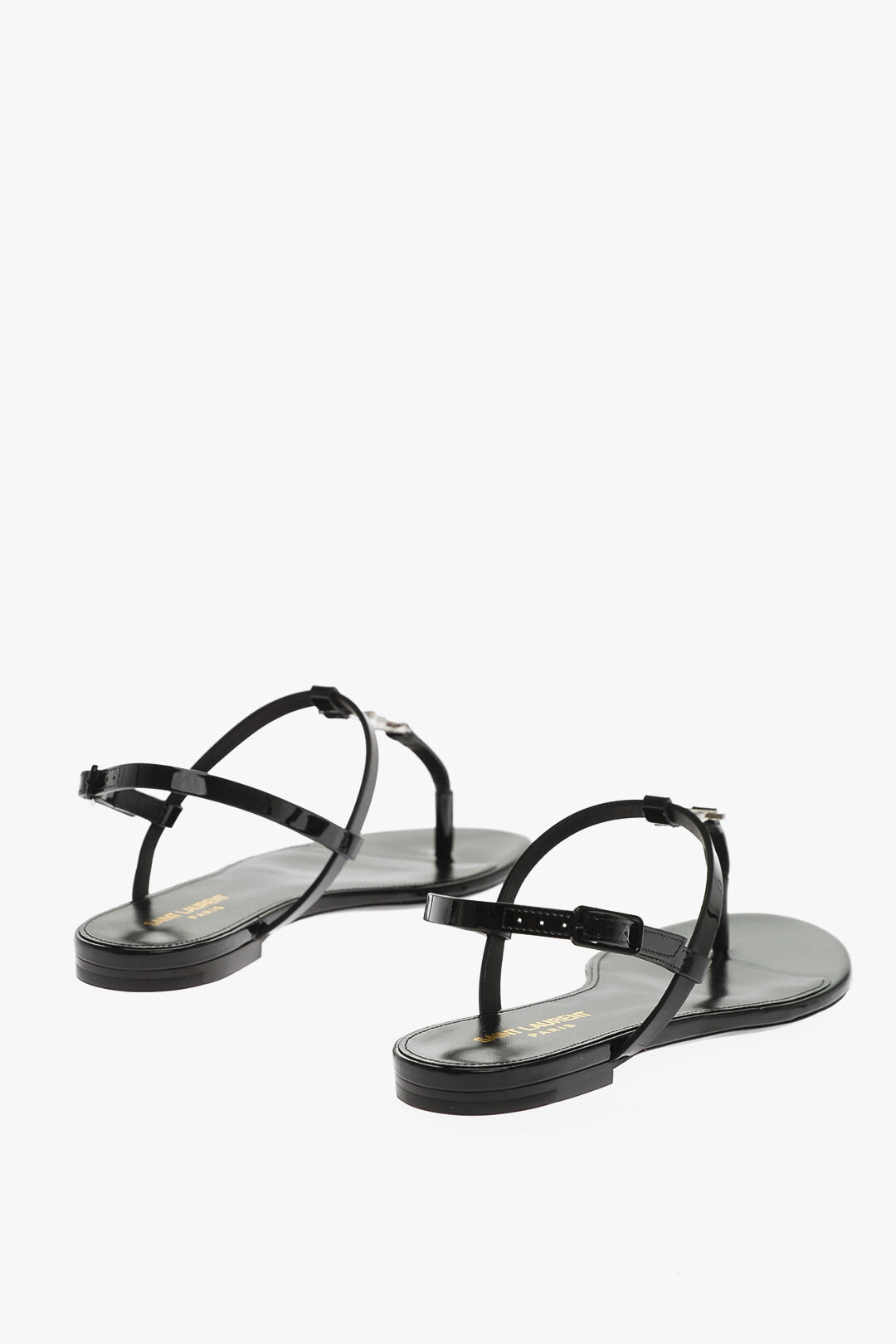 Saint Laurent Patent Leather CASSANDRA Thong Sandals with Jeweled Logo