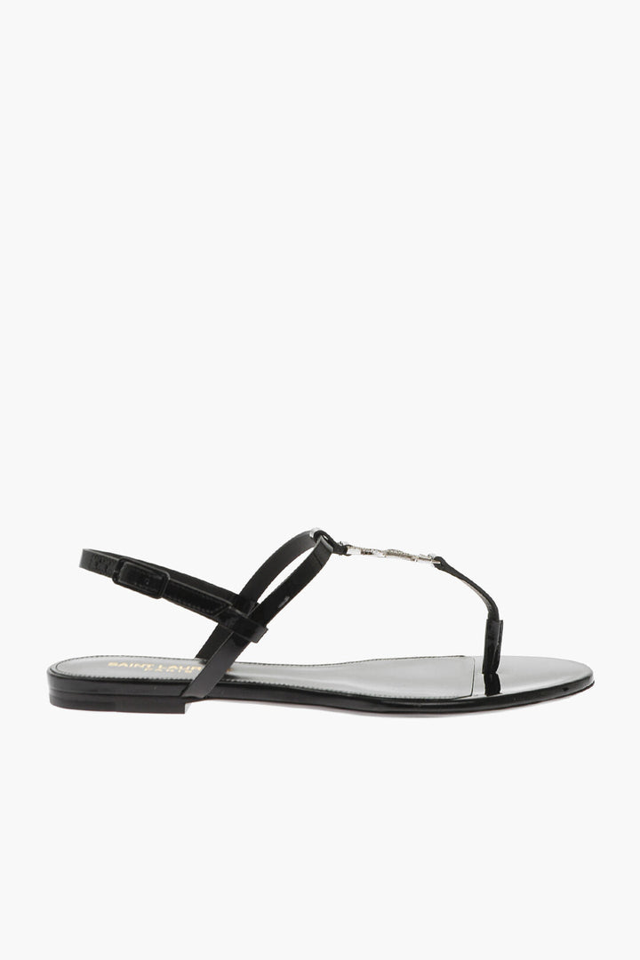 Saint Laurent Patent Leather CASSANDRA Thong Sandals with Jeweled Logo