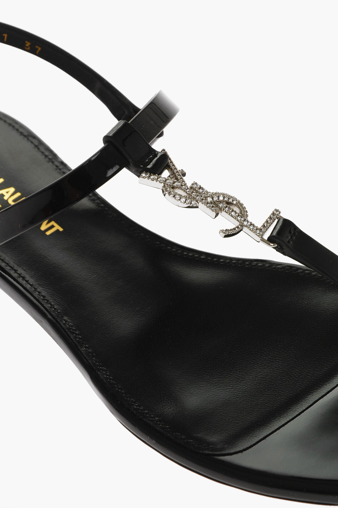 Saint Laurent Patent Leather CASSANDRA Thong Sandals with Jeweled Logo