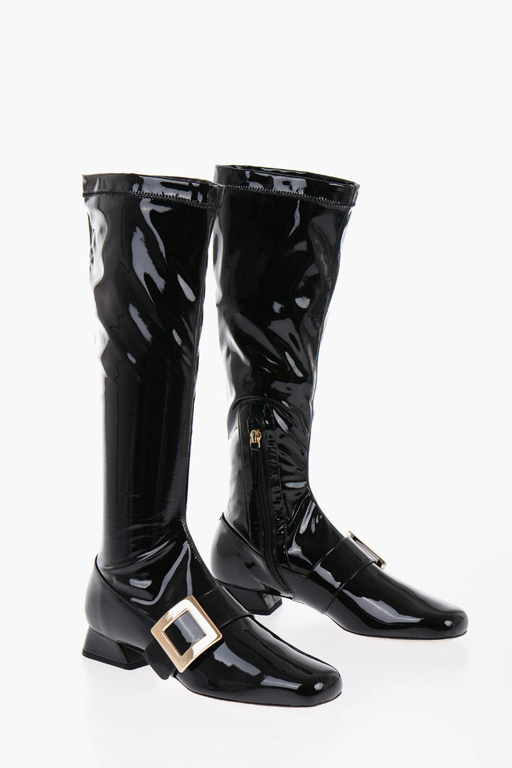 Roger Vivier Patent Leather Stretchy High Boots with Buckle 3cm