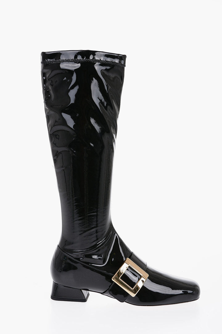 Roger Vivier Patent Leather Stretchy High Boots with Buckle 3cm