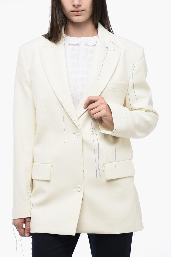 Off-White Peak Lapel Blazer with Stitching Detail