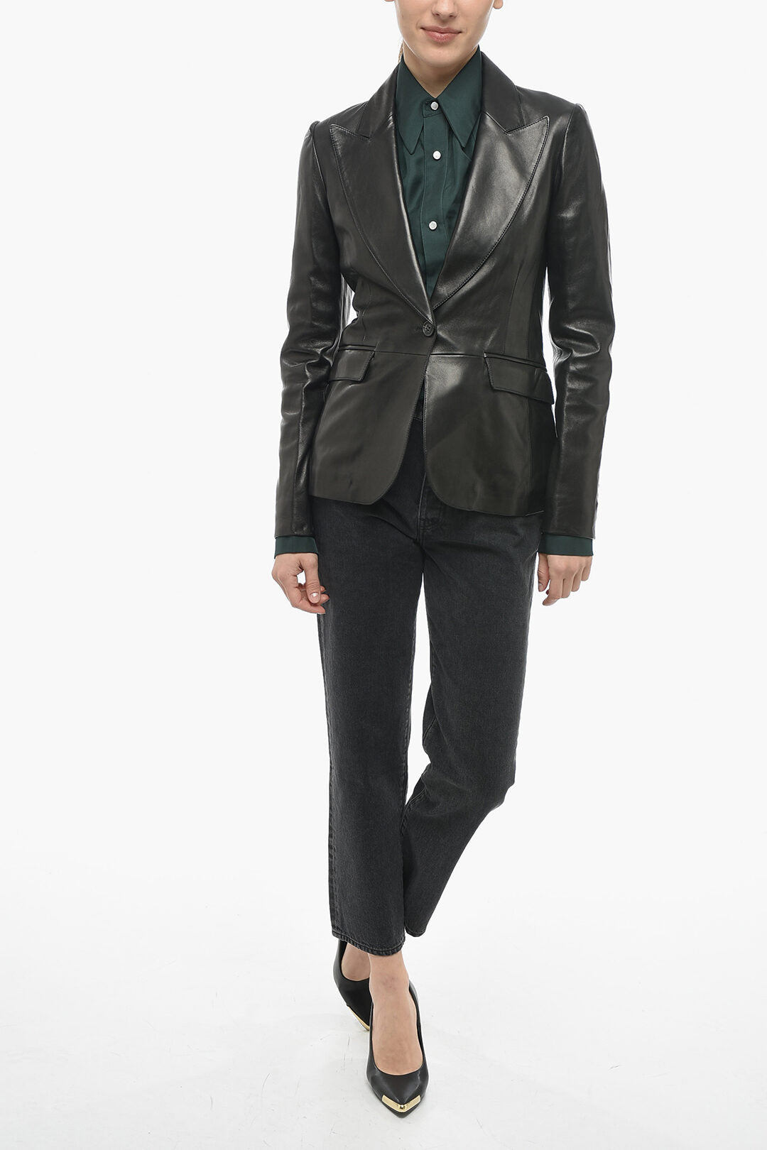 Amiri Peak Lapel Leather 1-button Blazer