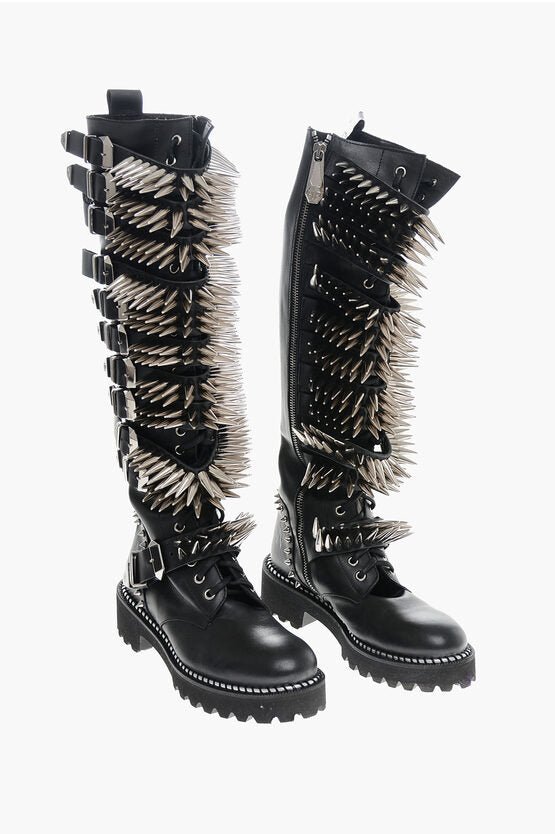 Shoes - Philipp Plein Leather Lace - up Boots with All - Over Studs 4.5cm - GC120230300056 - Ask Me Wear