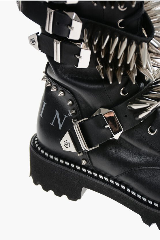 Shoes - Philipp Plein Leather Lace - up Boots with All - Over Studs 4.5cm - GC120230300056 - Ask Me Wear