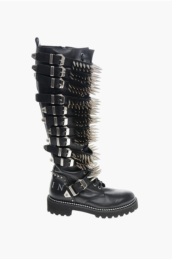 Shoes - Philipp Plein Leather Lace - up Boots with All - Over Studs 4.5cm - GC120230300056 - Ask Me Wear