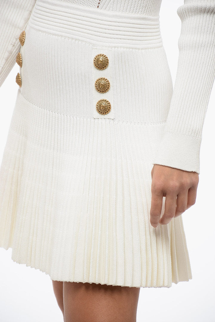 Balmain Pleated Ribbed Dress with Decorative Buttons