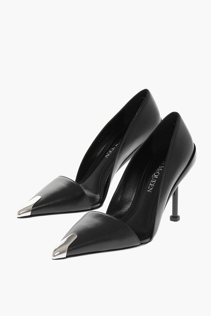 Alexander McQueen Pointed Leather Pumps With Metallic Detail Heel 9 cm