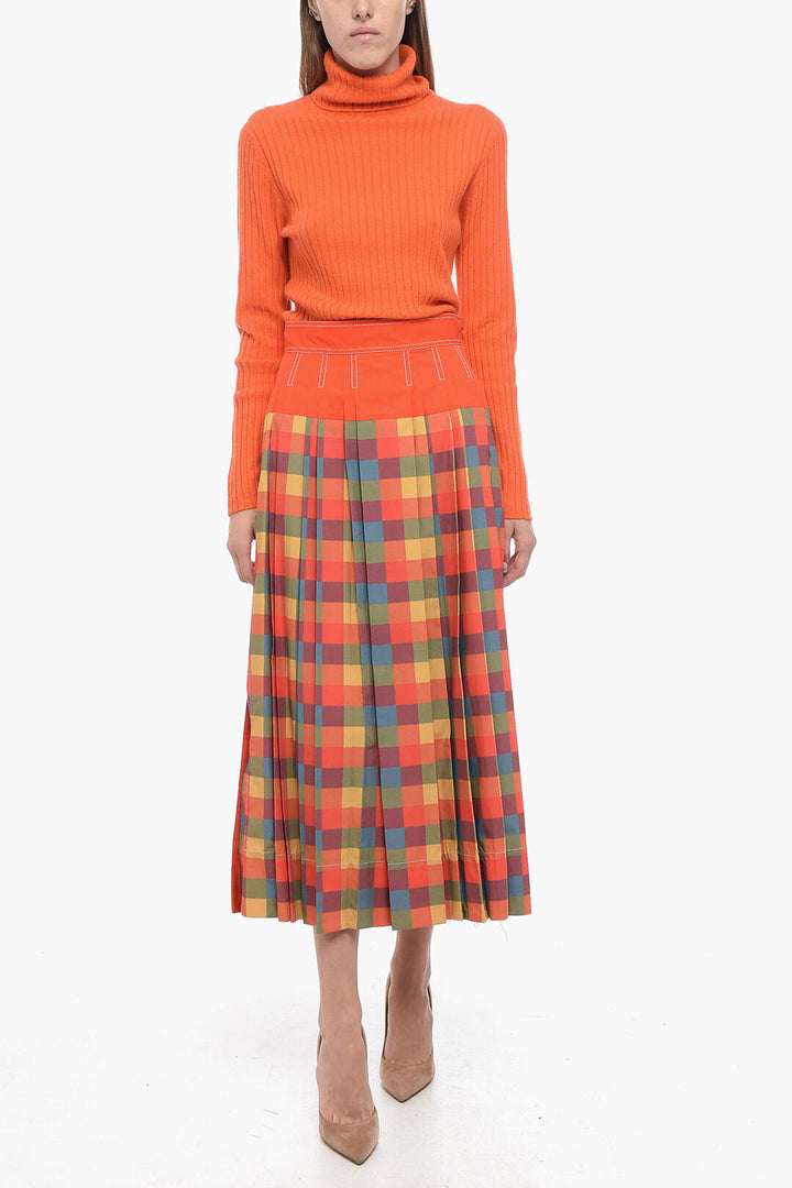 Tory Burch Popeline Check Motif Skirt with Plitted Detail