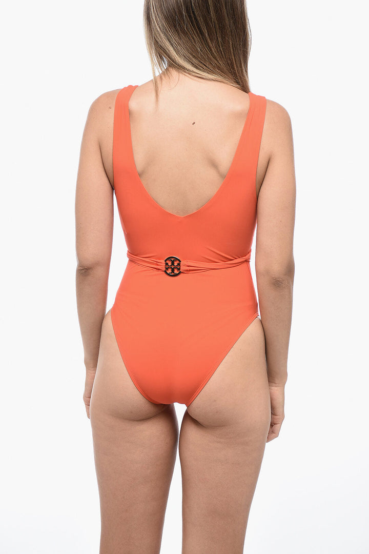 Tory Burch Pudded Cups Swimsuit with Logoed Belt