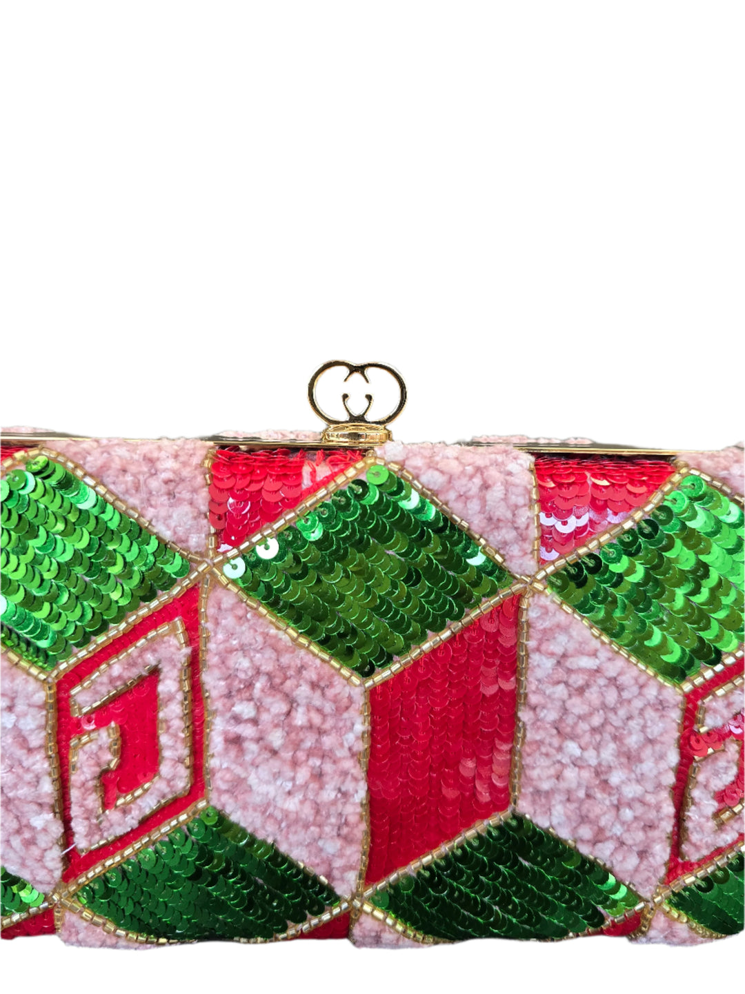 Close-up of a colorful sequin bag with geometric patterns.