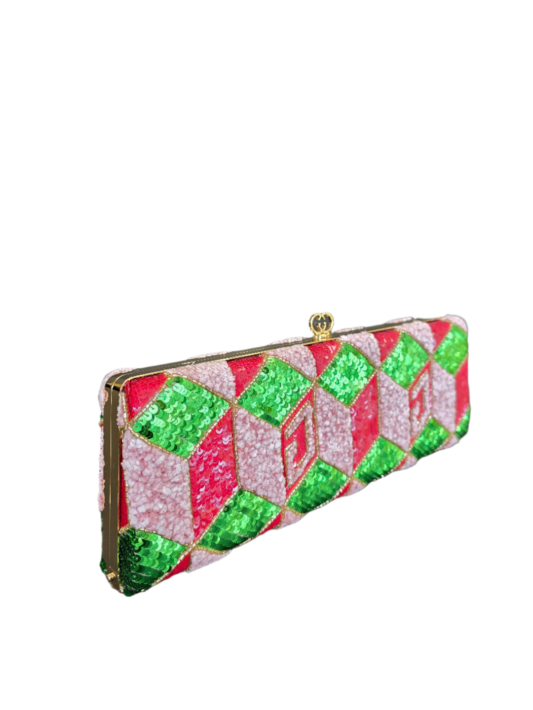 Multicolored patterned clutch bag on a dark surface