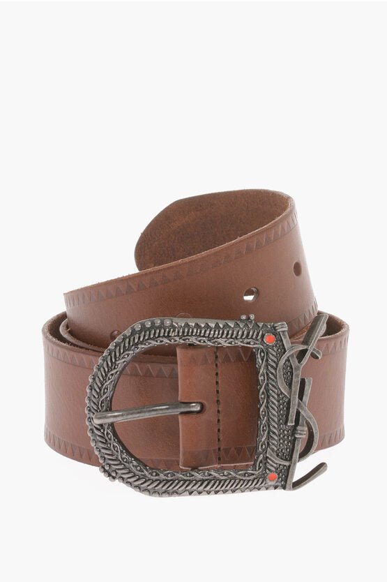 Accessories - Belts - Saint Laurent Leather Debossed Detailing Belt with Logoed Buckle 40mm - 001636727956 - Ask Me Wear