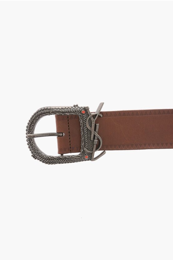 Accessories - Belts - Saint Laurent Leather Debossed Detailing Belt with Logoed Buckle 40mm - 001636727956 - Ask Me Wear