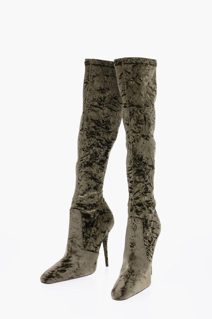 Shoes - Saint Laurent Pointed Velour Knee - Lenght Boots Heel 11 cm - 8108271117 - Ask Me Wear