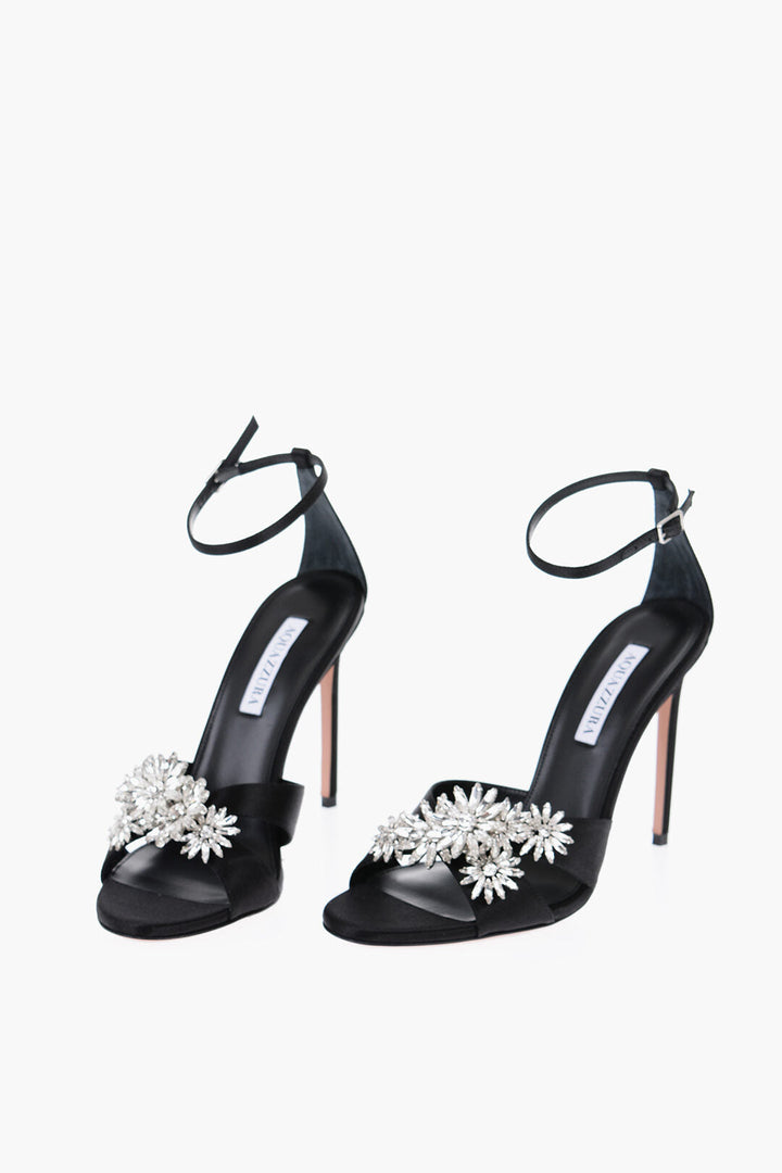 Aquazzura Satin MARGARITA Ankle Strap Sandals with Jewels 10,5cm