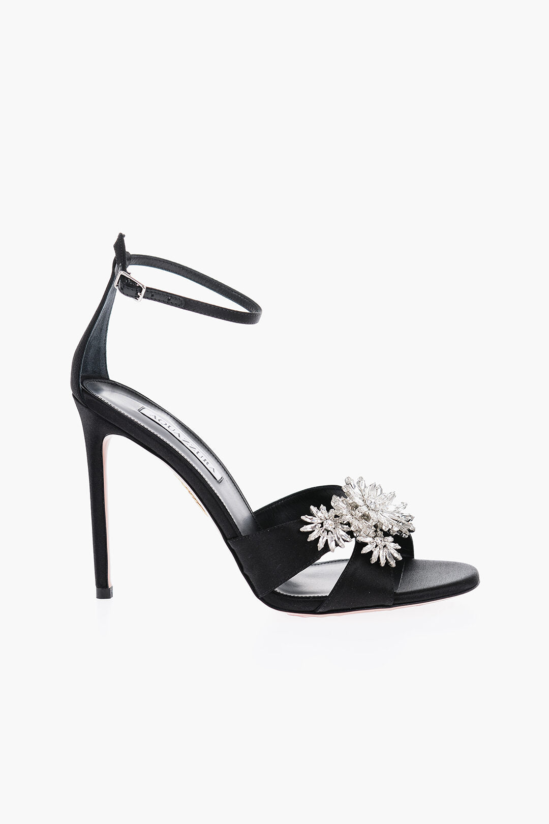 Aquazzura Satin MARGARITA Ankle Strap Sandals with Jewels 10,5cm