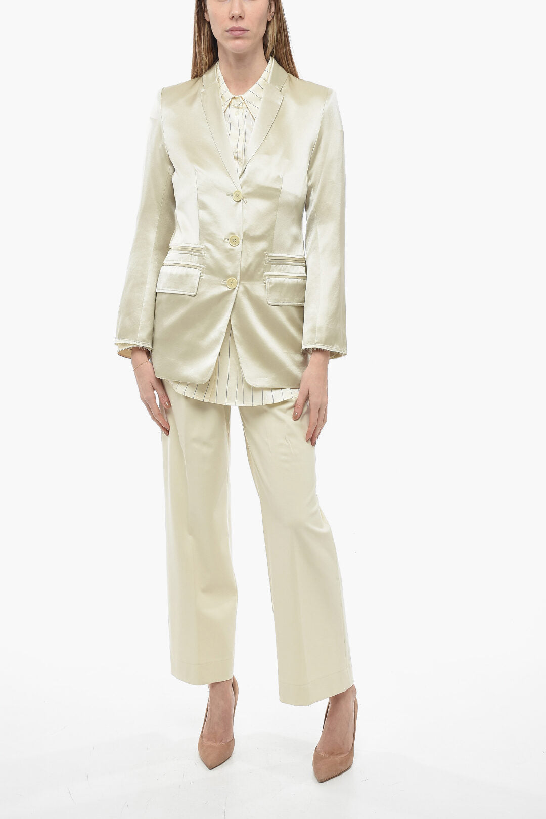 By Malene Birger Satin Multipocket Blazer with Raw Cut Detail