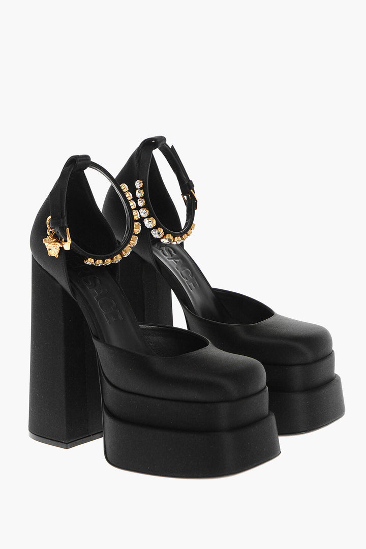 Versace Satin Platform Pumps with Jeweled Ankle Strap 16cm